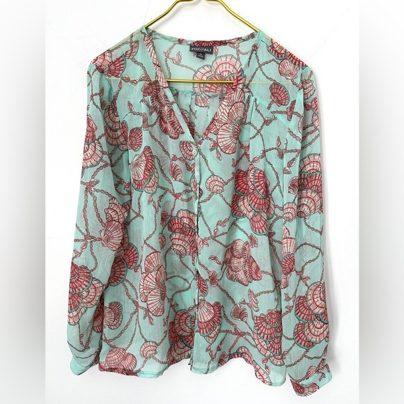 Roz & Ali Teal Pink Sea Shell Beach Semi Sheer Button Front Flowy Top Medium - Picture 1 of 7